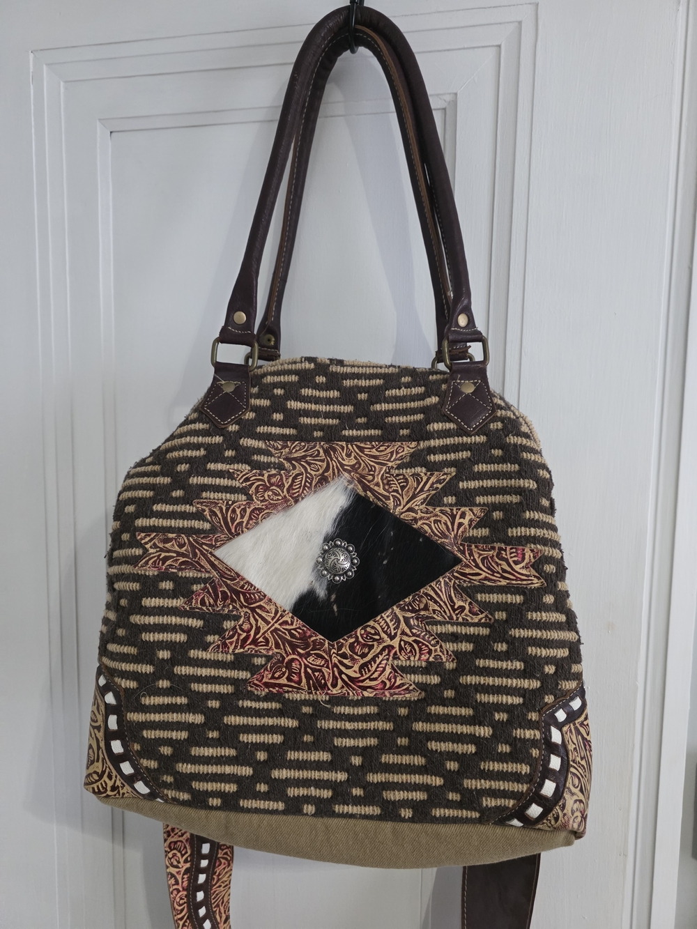 Myra Bag Brown and Cream Patterned Tote with Leather Straps